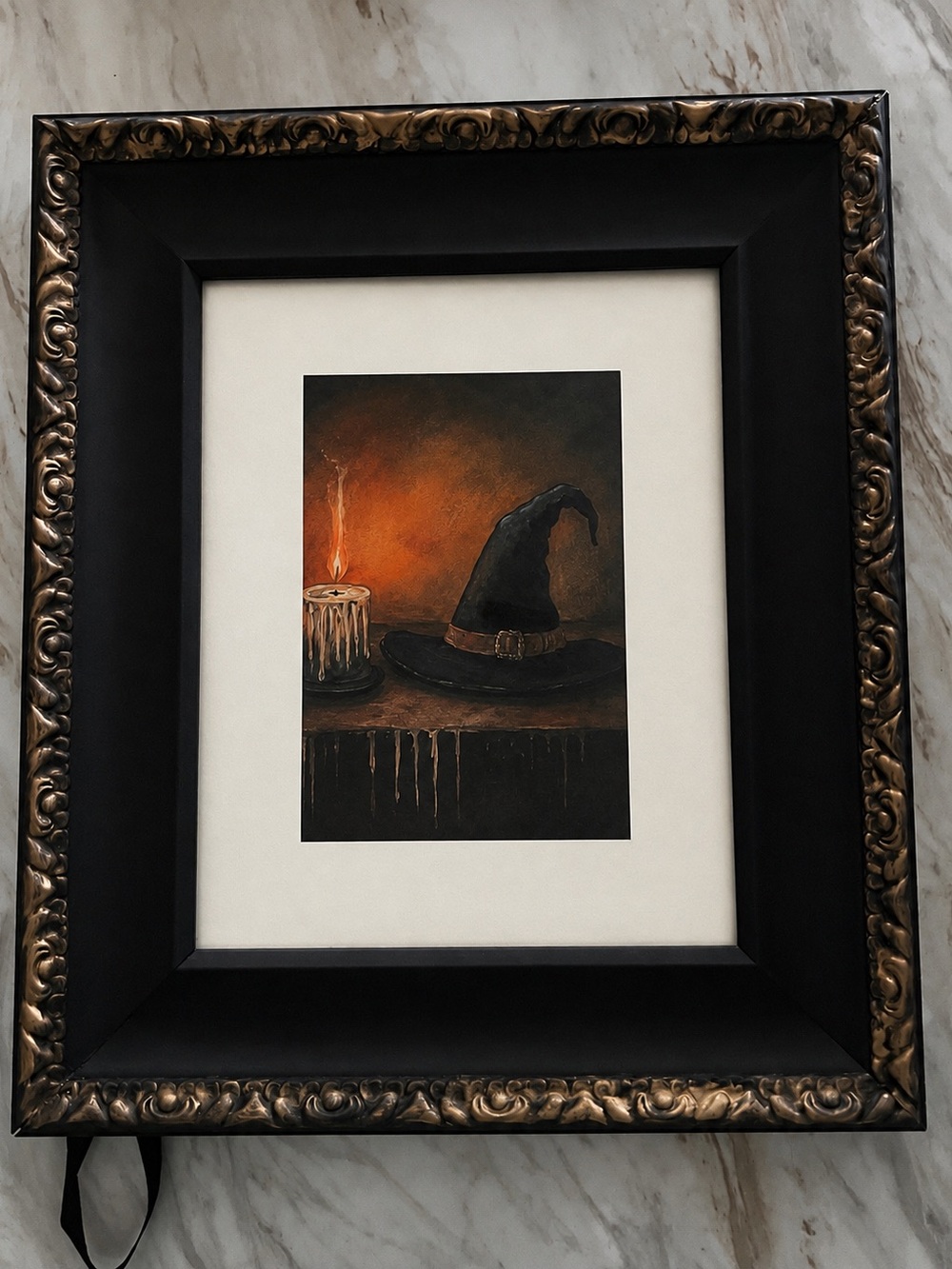Black Framed Witch Hat Wall Art with Candle Accent